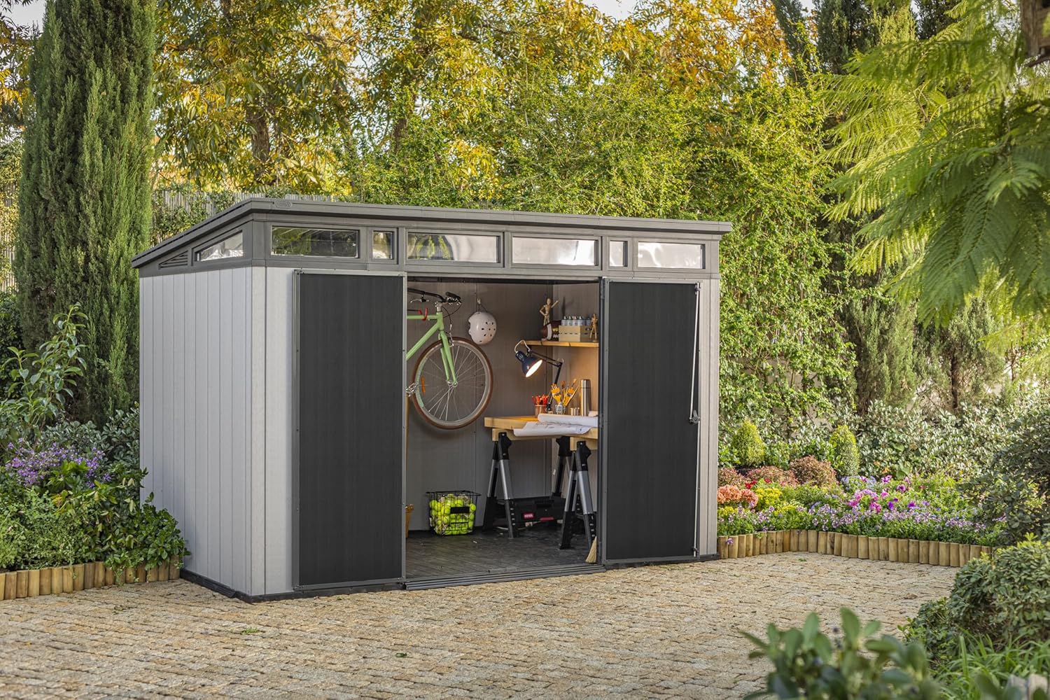 11x7 Modern Resin Outdoor Storage Shed Kit-Perfect to Store Patio Furniture, Garden Tools Bike Accessories, Beach Chairs and Lawn Mower